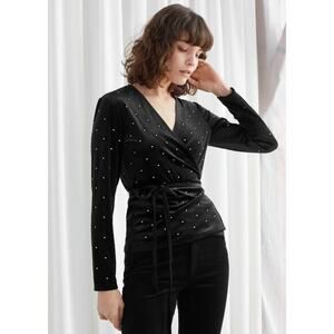 & Other Stories Rhinestone Velvet Wrap Blouse Black Size 4